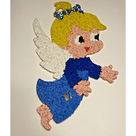 Vintage Melted Plastic Popcorn Christmas Angel Holiday Decor 21" Blue Retro - Picture 6 of 11